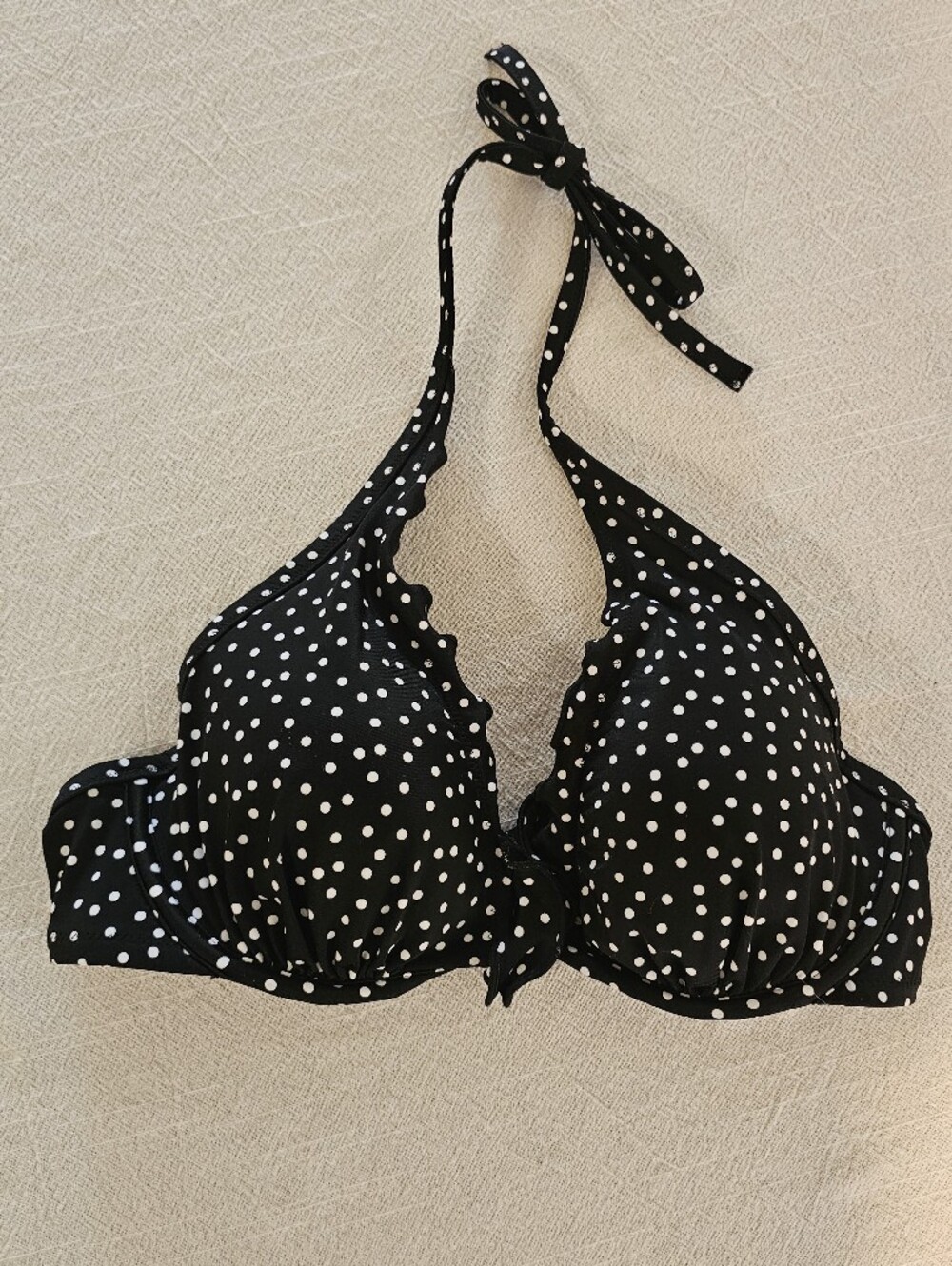 Victoria's Secret Underwire Halter Tie Bikini Top 36C Black Polka Dot TOP ONLY